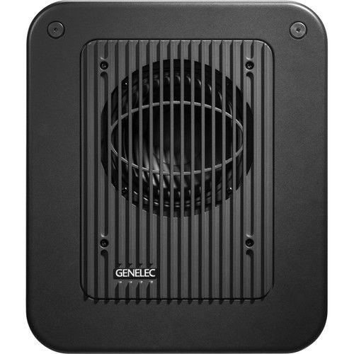 Front view of black active subwoofer cabinet with circular grille vent