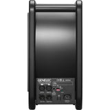 Back view of black active subwoofer with handle stands and connection panel