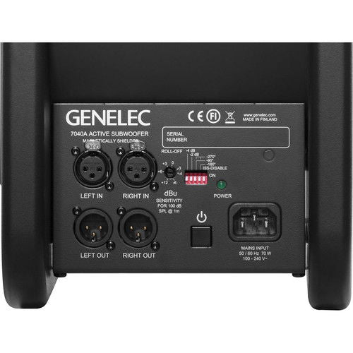 Close-up of black subwoofer rear panel with knobs, inputs, and power switch