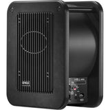 Side-and-rear view of black active studio subwoofer showing rear controls and port