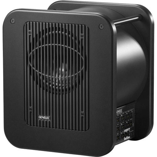 Studio subwoofer side view showing rear amplifier panel and grille