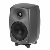 Dark gray active studio monitor speaker with tweeter and woofer, front view