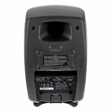 Active studio monitor back panel with connectors, label, and mounting feet, dark gray