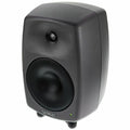 Active studio monitor speaker with tweeter and woofer, dark gray front view