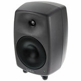 Active studio monitor speaker with tweeter and woofer, dark gray front view