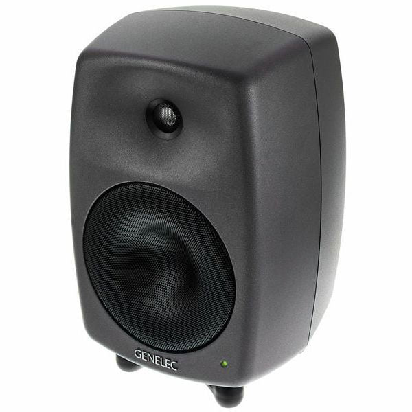 Active studio monitor speaker with tweeter and woofer, dark gray front view