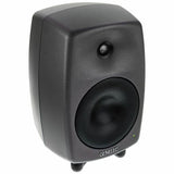 Active studio monitor speaker, angled front view with tweeter, dark gray cabinet