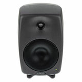 Active studio monitor speaker, tweeter and large woofer grille close-up, dark gray