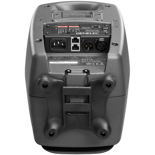 Rear panel of active studio monitor speaker with input ports and power connector