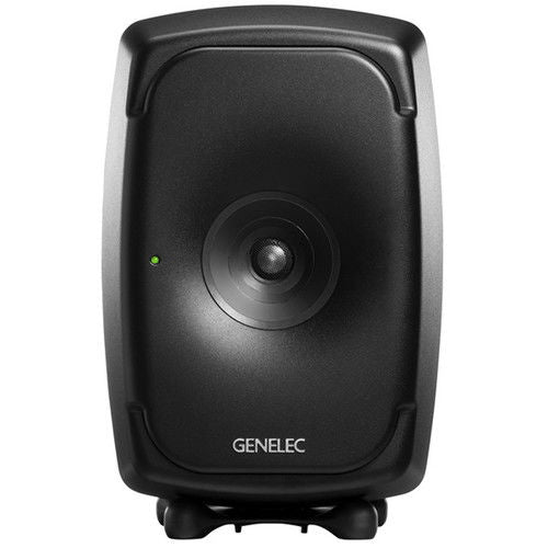 Active studio monitor speaker, black front with central woofer and small status light