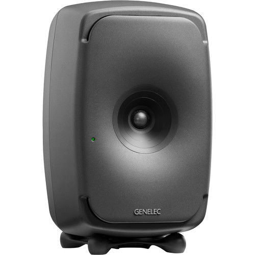 Active studio monitor speaker, front view angled with tweeter/woofer and power indicator
