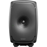 Active studio monitor speaker, front view with circular woofer and tweeter in dark gray