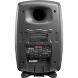 Active studio monitor speaker rear panel with speaker terminals and info label, dark gray
