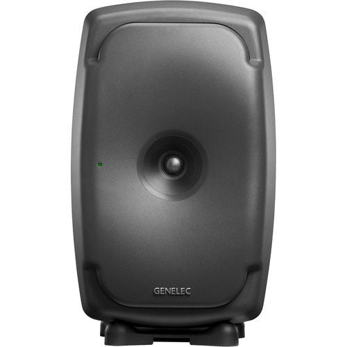 Active monitor speaker front with centered woofer, dark gray cabinet