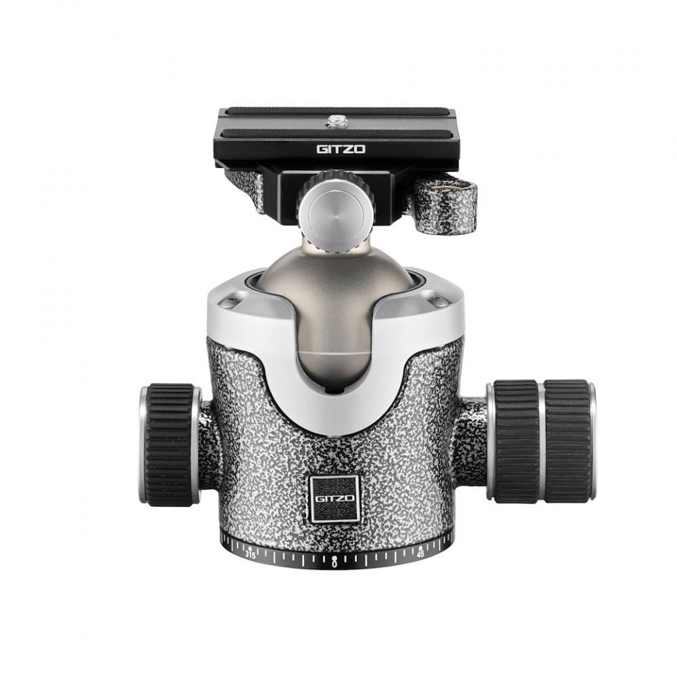 Gitzo camera ball head front view with central clamp and two side dials