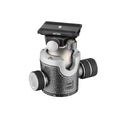 Metal camera ball head with side leveling knobs and black quick-release top
