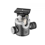 Metal camera ball head with side leveling knobs and black quick-release top