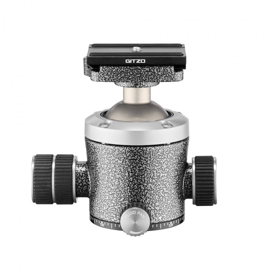 Camera ball head side view with base scale, dual adjustment knobs, speckled metal housing
