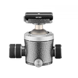 Camera ball head side view with base scale, dual adjustment knobs, speckled metal housing