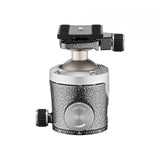 Camera ball head with friction dial and top locking bracket on speckled metal body