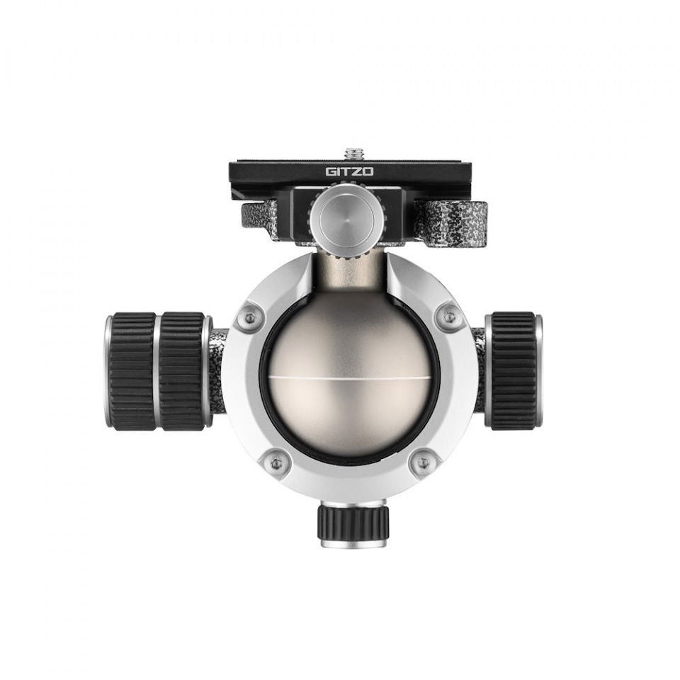 Camera ball head front view with central clamp knob and two side adjustment knobs