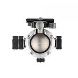 Camera ball head front view with central clamp knob and two side adjustment knobs