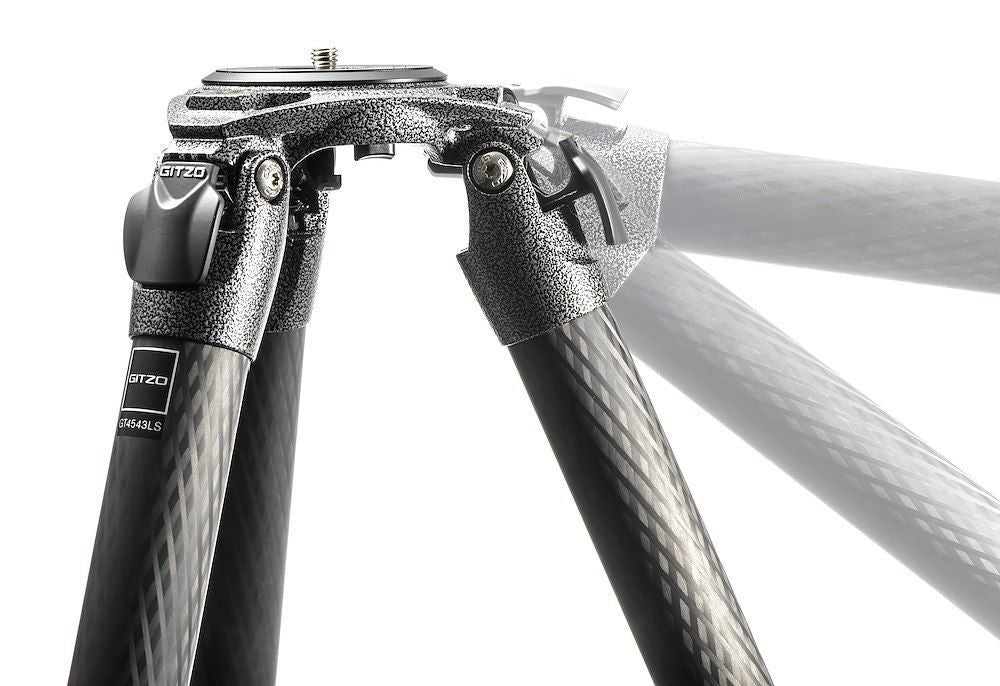 Tripod head with adjustment knobs and carbon-fiber legs, angled view, black