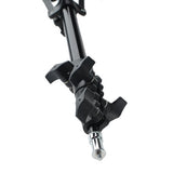 Top bracket and locking knobs on black light stand with threaded screw