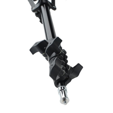 Top bracket and locking knobs on black light stand with threaded screw