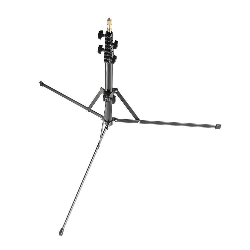 Photo light stand with horizontal arm mount, reversible legs, black