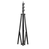 Tall black tripod light stand with multi-position height sections and wide base legs