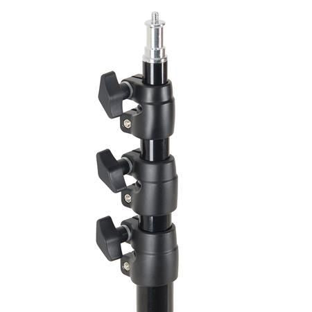 Close-up of black light stand clamps and adjustment knobs on the center column