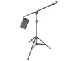 Adjustable light stand with boom arm and hanging sandbag for studio lighting
