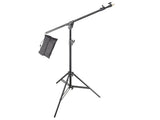 Adjustable light stand with boom arm and hanging sandbag for studio lighting