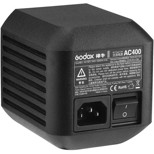 Black AC400 power adapter with IEC outlet and rocker switch, vented housing