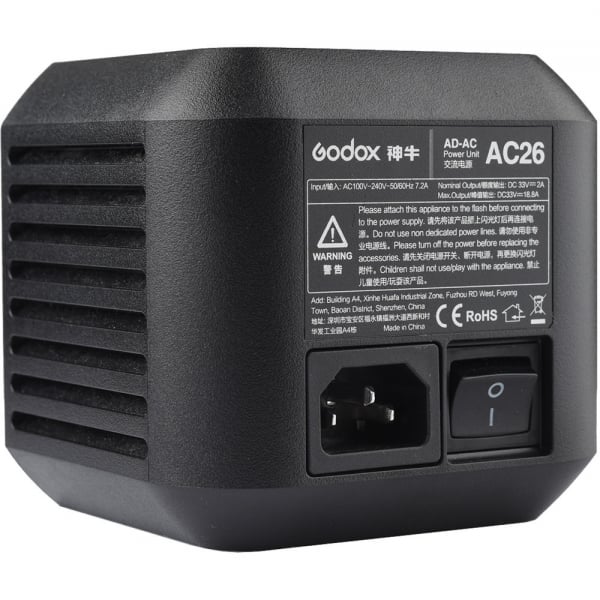 AC26 power unit with status label, AC input port, and rocker power switch