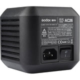 AC26 power unit with status label, AC input port, and rocker power switch