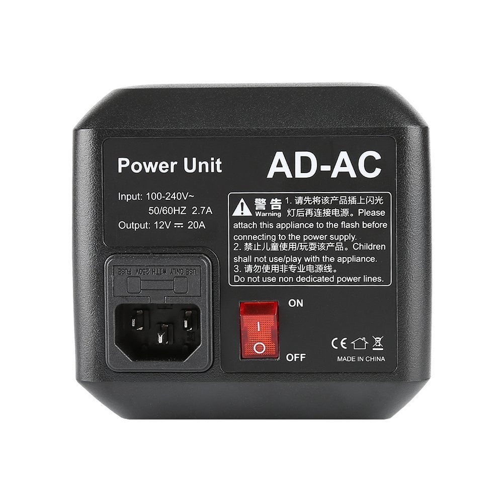 AD-AC power unit back view with input/output specs and ON/OFF switch