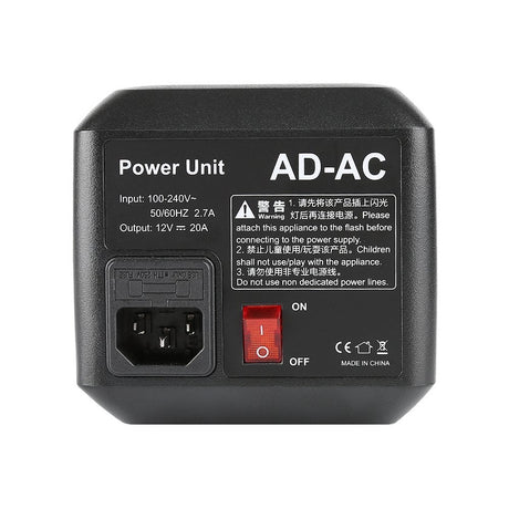 AD-AC power unit back view with input/output specs and ON/OFF switch