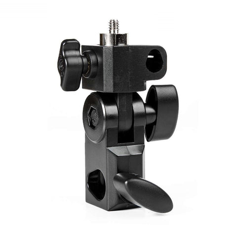 Black flash holder bracket with 1/4-inch screw mount for a compact studio strobe