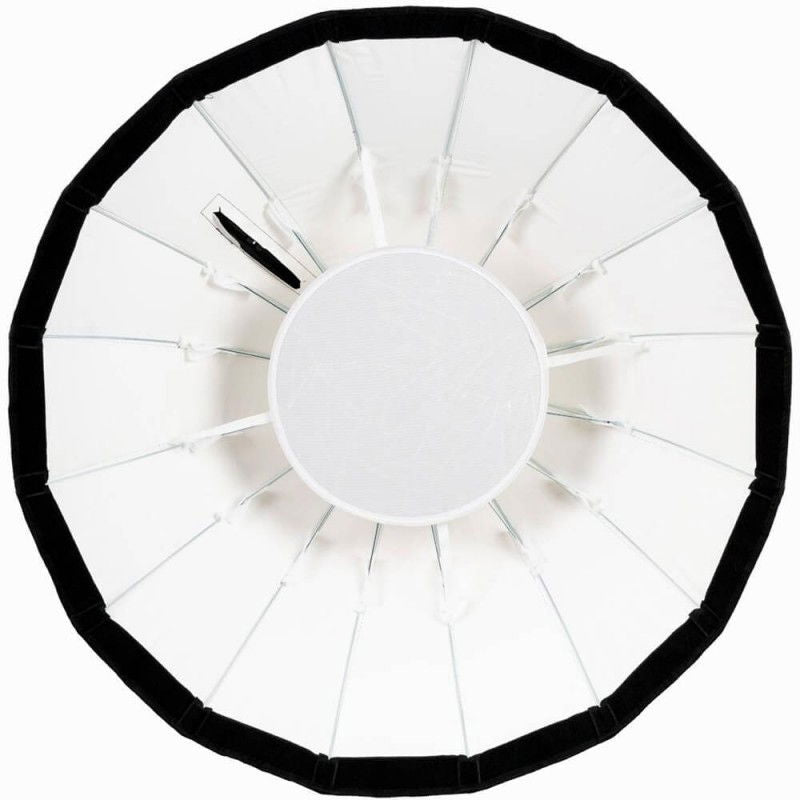 Softbox parabolic 65 cm, interior alb cu cerc central și spițe, vedere de sus