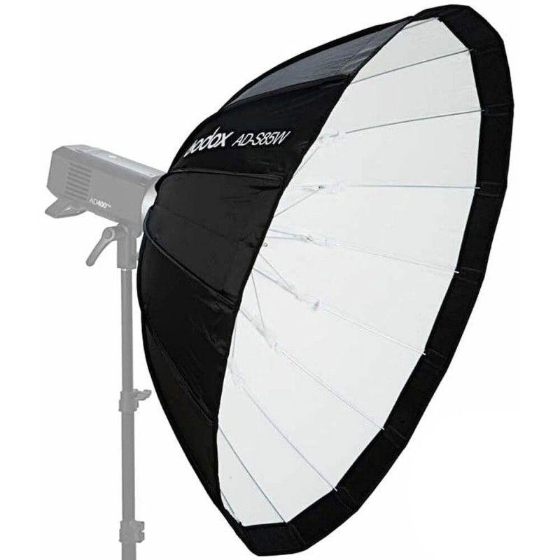 Black-and-white parabolic softbox with front diffuser panel and inner baffles; 85cm