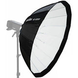 Black-and-white parabolic softbox with front diffuser panel and inner baffles; 85cm
