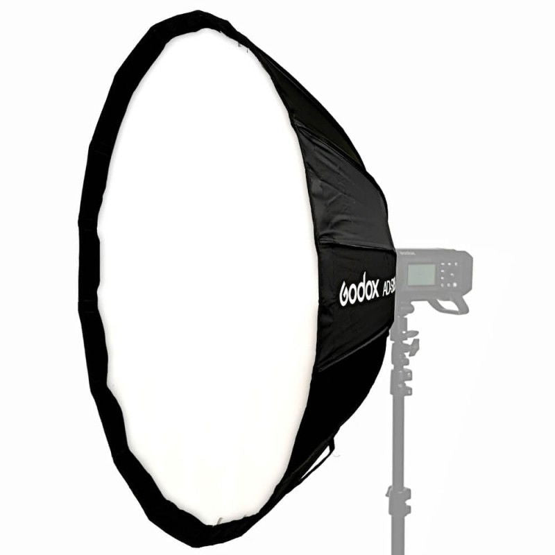Parabolic softbox with black exterior, open front baffles, and 85cm size