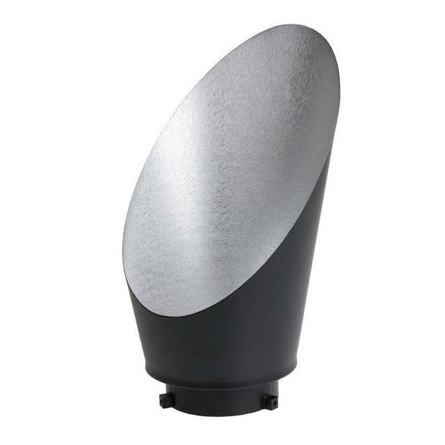 Curved silver reflector with black base and mounting feet for studio lighting