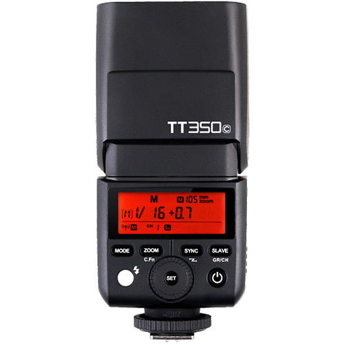 Blitz foto Godox TT350C pentru Canon, afișaj roșu și butoane negre