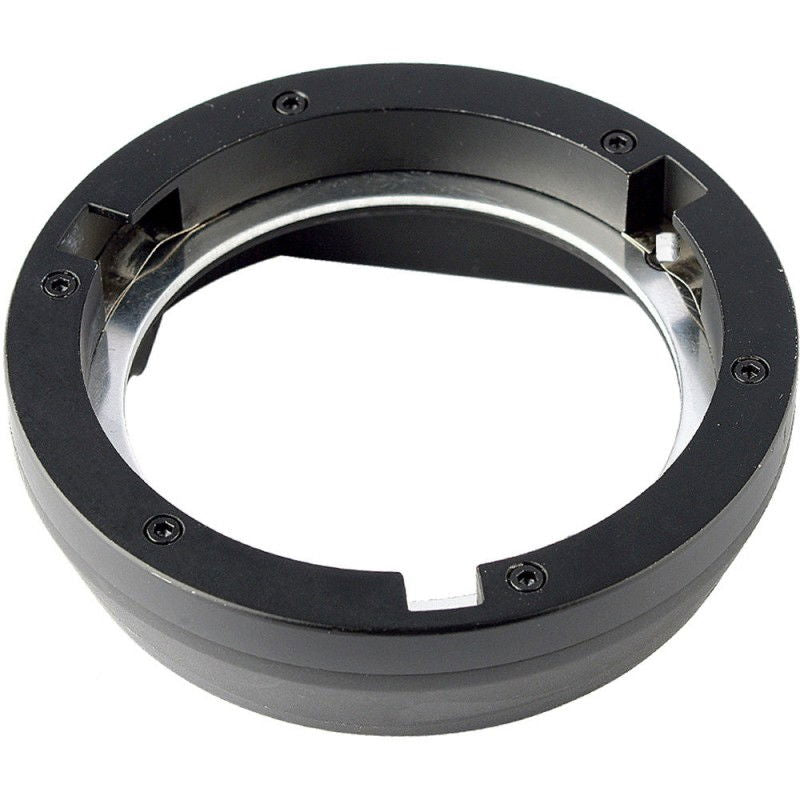 Bowens-style flash adapter ring with black outer frame and metal mounting clips
