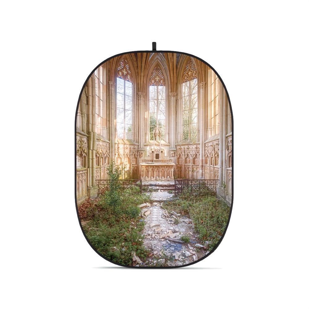 Collapsible oval photo backdrop with printed cathedral interior scene