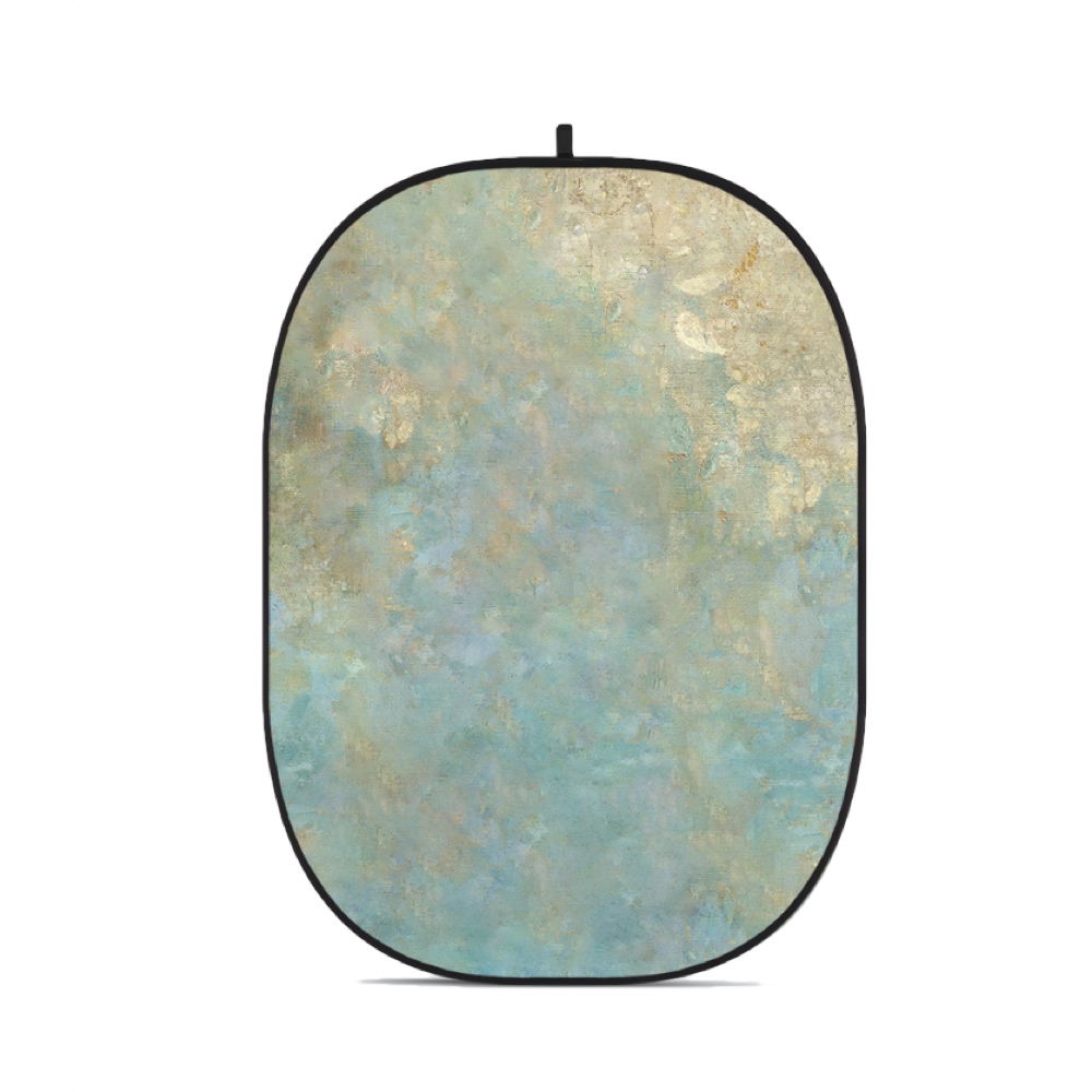 Pliable oval photo backdrop, blue and gold mottled surface