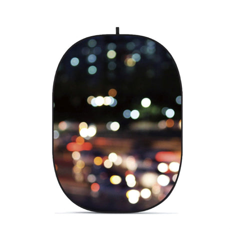 Foldable photo backdrop with dark bokeh city lights pattern, oval shape and hanging loop